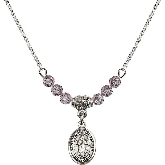 Sterling Silver Saint Isidore the Farmer Birthstone Necklace with Light Amethyst Beads - 9276