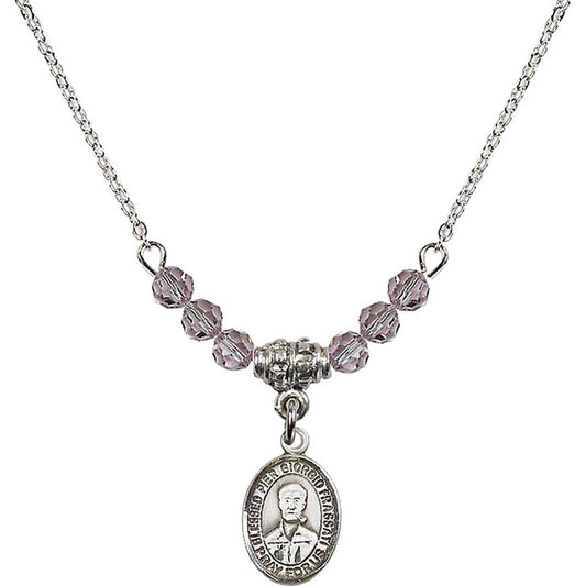 Sterling Silver Blessed Pier Giorgio Frassati Birthstone Necklace with Light Amethyst Beads - 9278