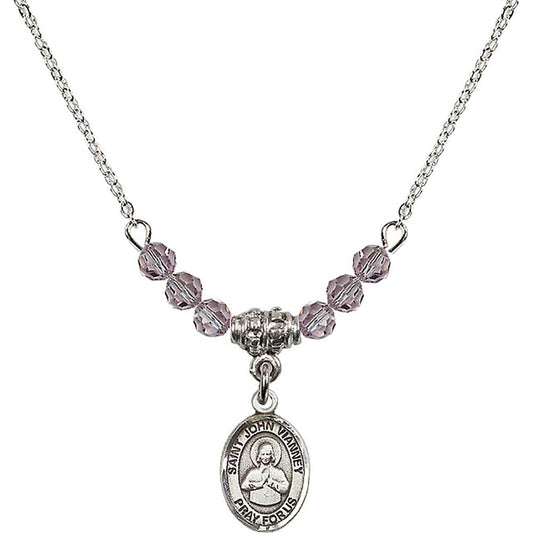 Sterling Silver Saint John Vianney Birthstone Necklace with Light Amethyst Beads - 9282