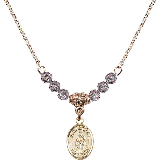 14kt Gold Filled Saint Angela Merici Birthstone Necklace with Light Amethyst Beads - 9284