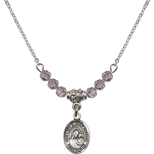 Sterling Silver Our Lady of Good Counsel Birthstone Necklace with Light Amethyst Beads - 9287