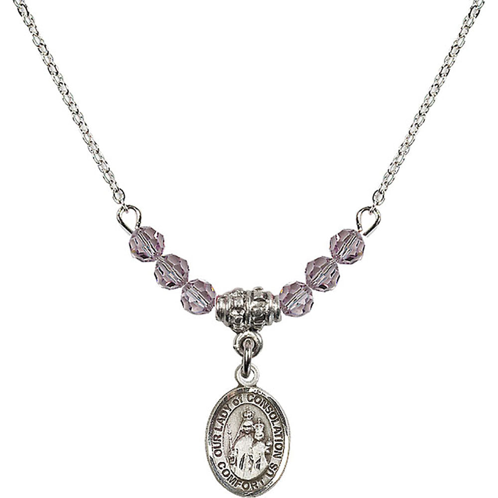 Sterling Silver Our Lady of Consolation Birthstone Necklace with Light Amethyst Beads - 9292