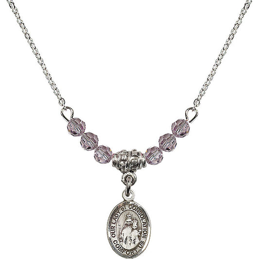 Sterling Silver Our Lady of Consolation Birthstone Necklace with Light Amethyst Beads - 9292