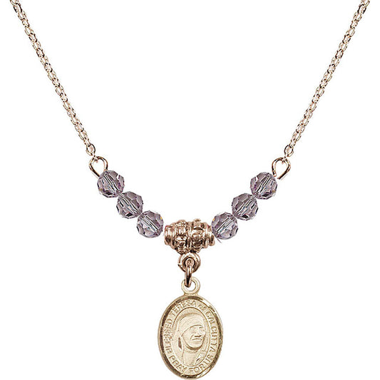14kt Gold Filled Saint Teresa of Calcutta Birthstone Necklace with Light Amethyst Beads - 9295