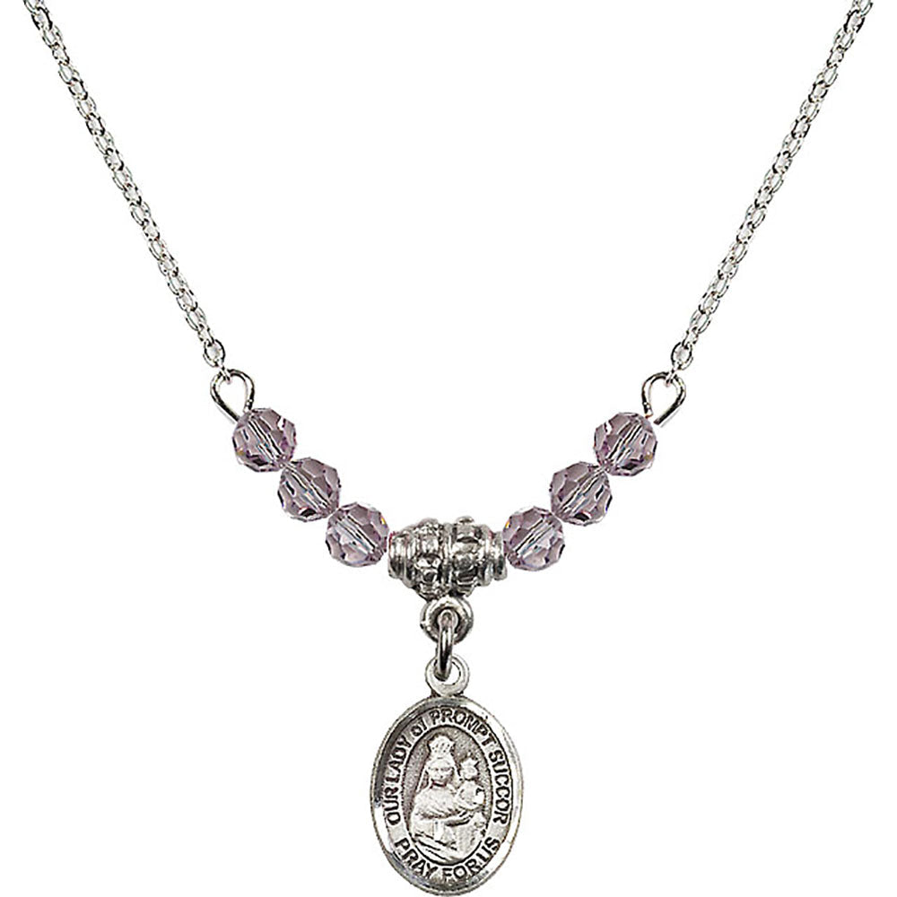 Sterling Silver Our Lady of Prompt Succor Birthstone Necklace with Light Amethyst Beads - 9299