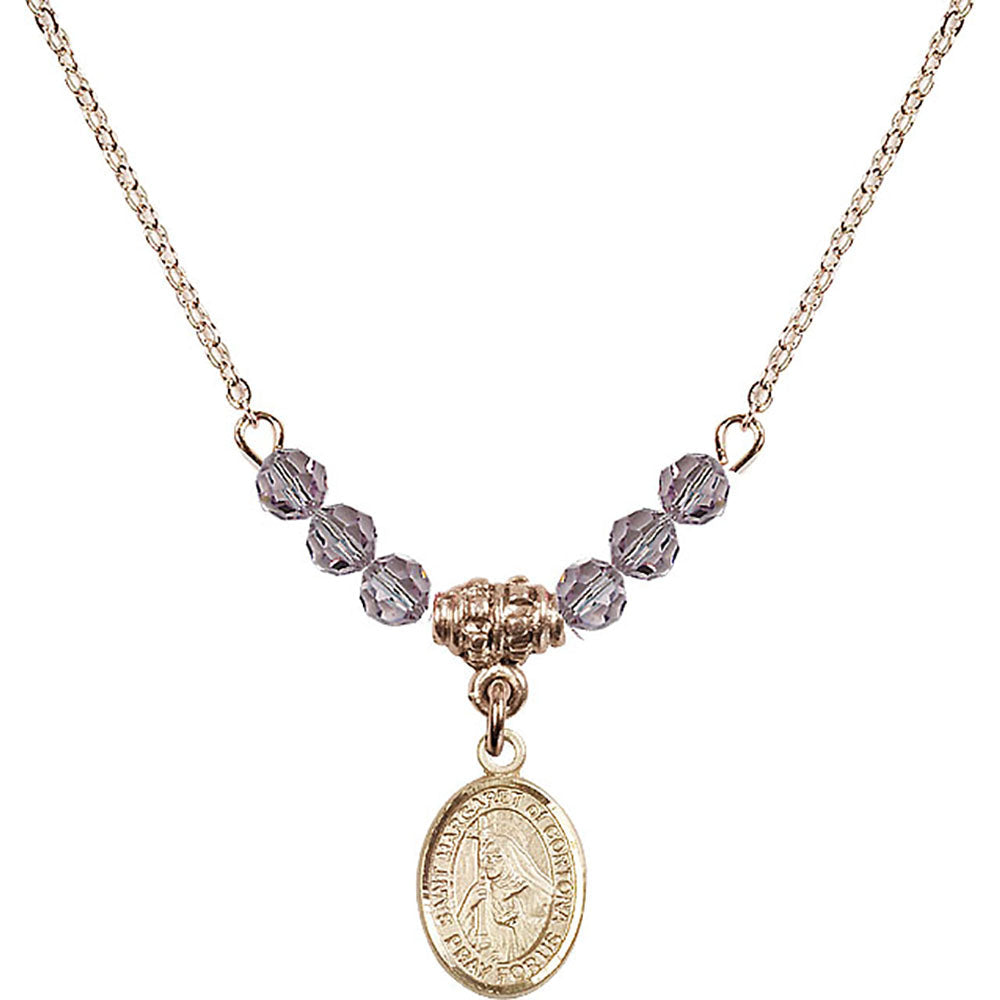 14kt Gold Filled Saint Margaret of Cortona Birthstone Necklace with Light Amethyst Beads - 9301