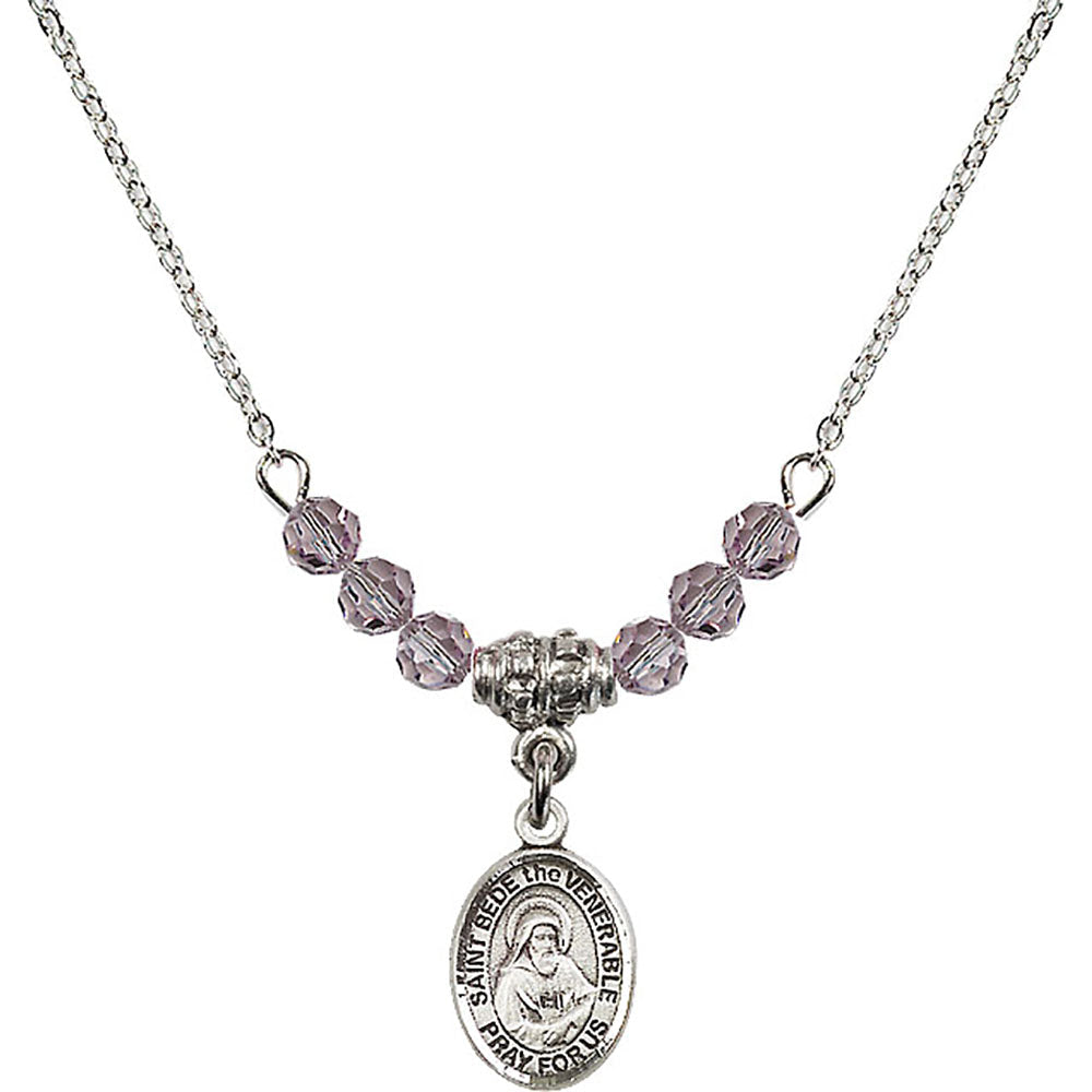 Sterling Silver Saint Bede the Venerable Birthstone Necklace with Light Amethyst Beads - 9302