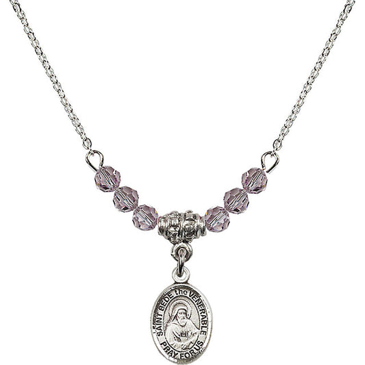 Sterling Silver Saint Bede the Venerable Birthstone Necklace with Light Amethyst Beads - 9302
