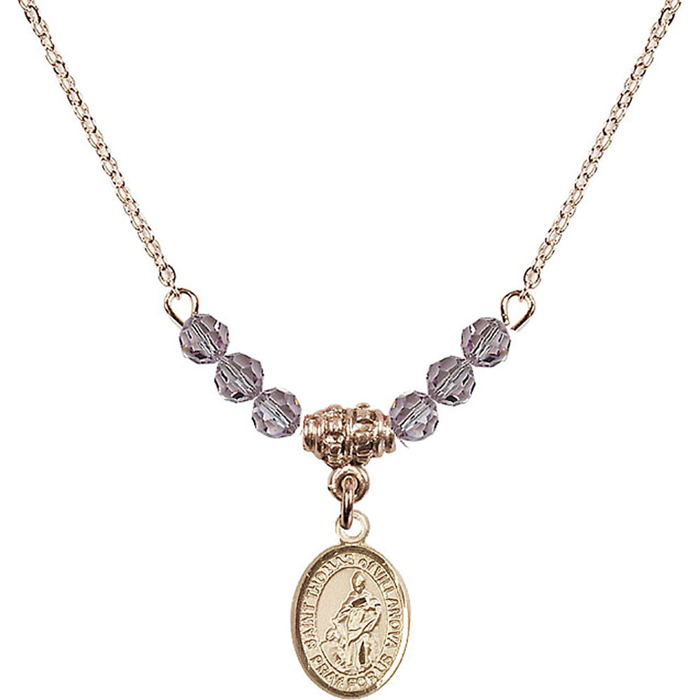 14kt Gold Filled Saint Thomas of Villanova Birthstone Necklace with Light Amethyst Beads - 9304