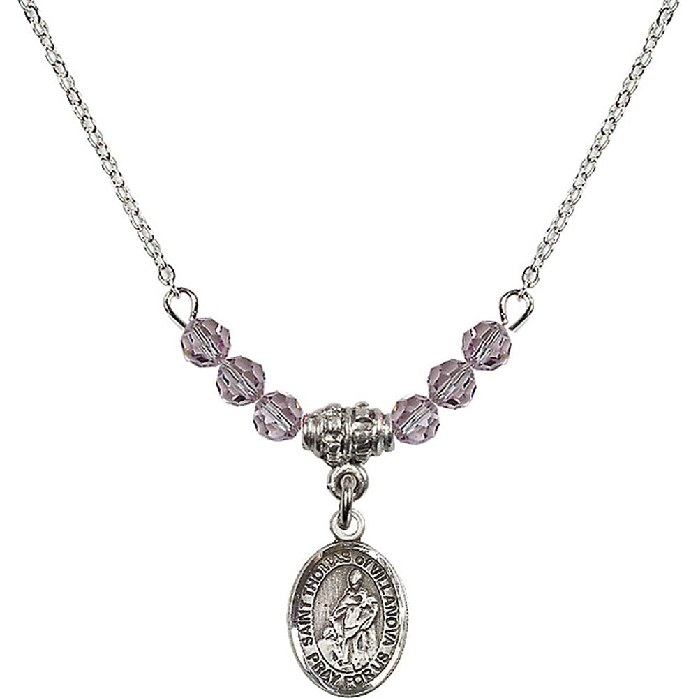 Sterling Silver Saint Thomas of Villanova Birthstone Necklace with Light Amethyst Beads - 9304