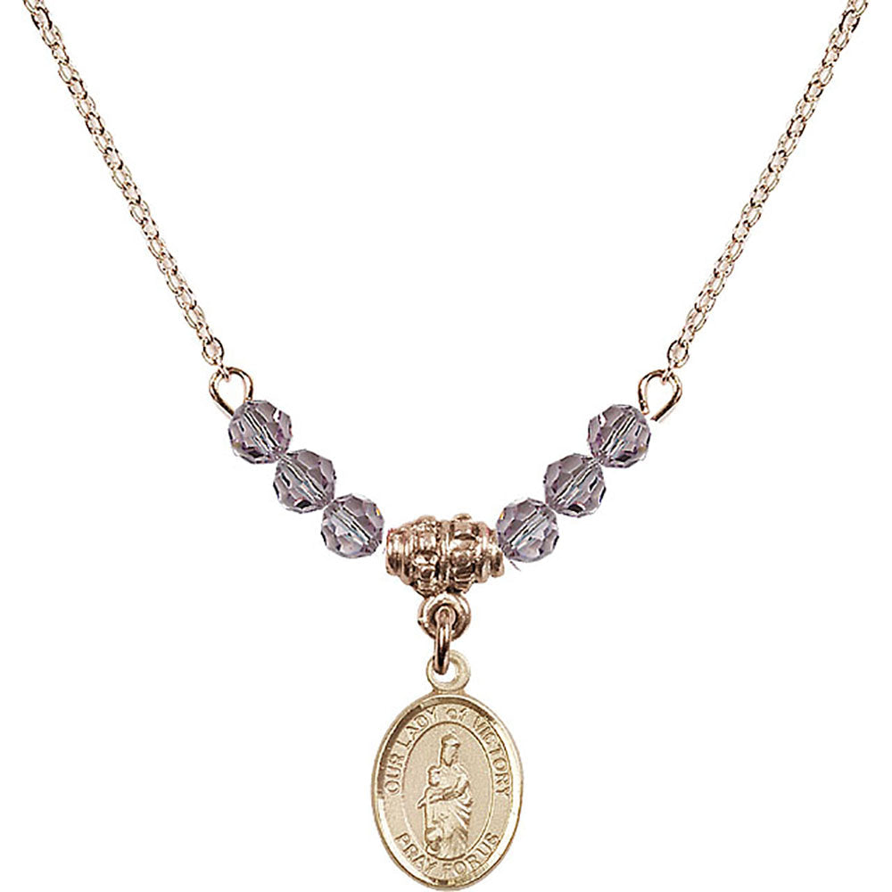 14kt Gold Filled Our Lady of Victory Birthstone Necklace with Light Amethyst Beads - 9306