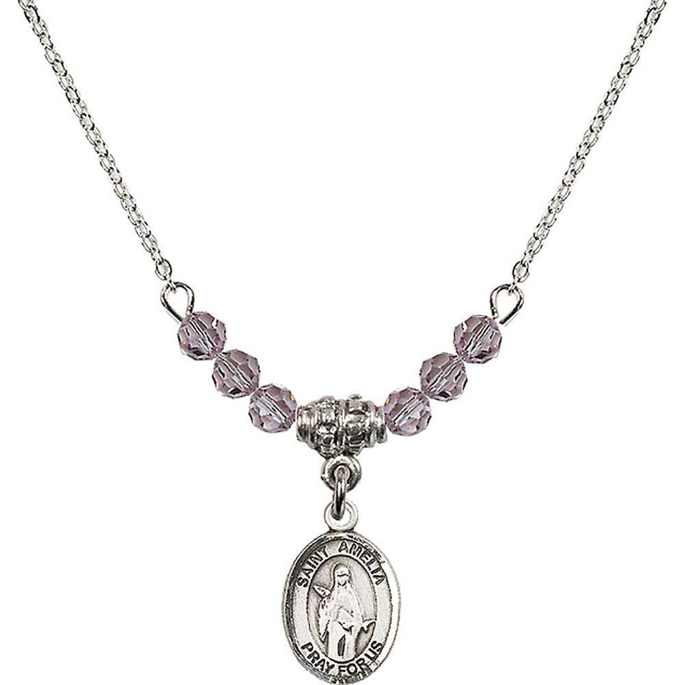 Sterling Silver Saint Amelia Birthstone Necklace with Light Amethyst Beads - 9313