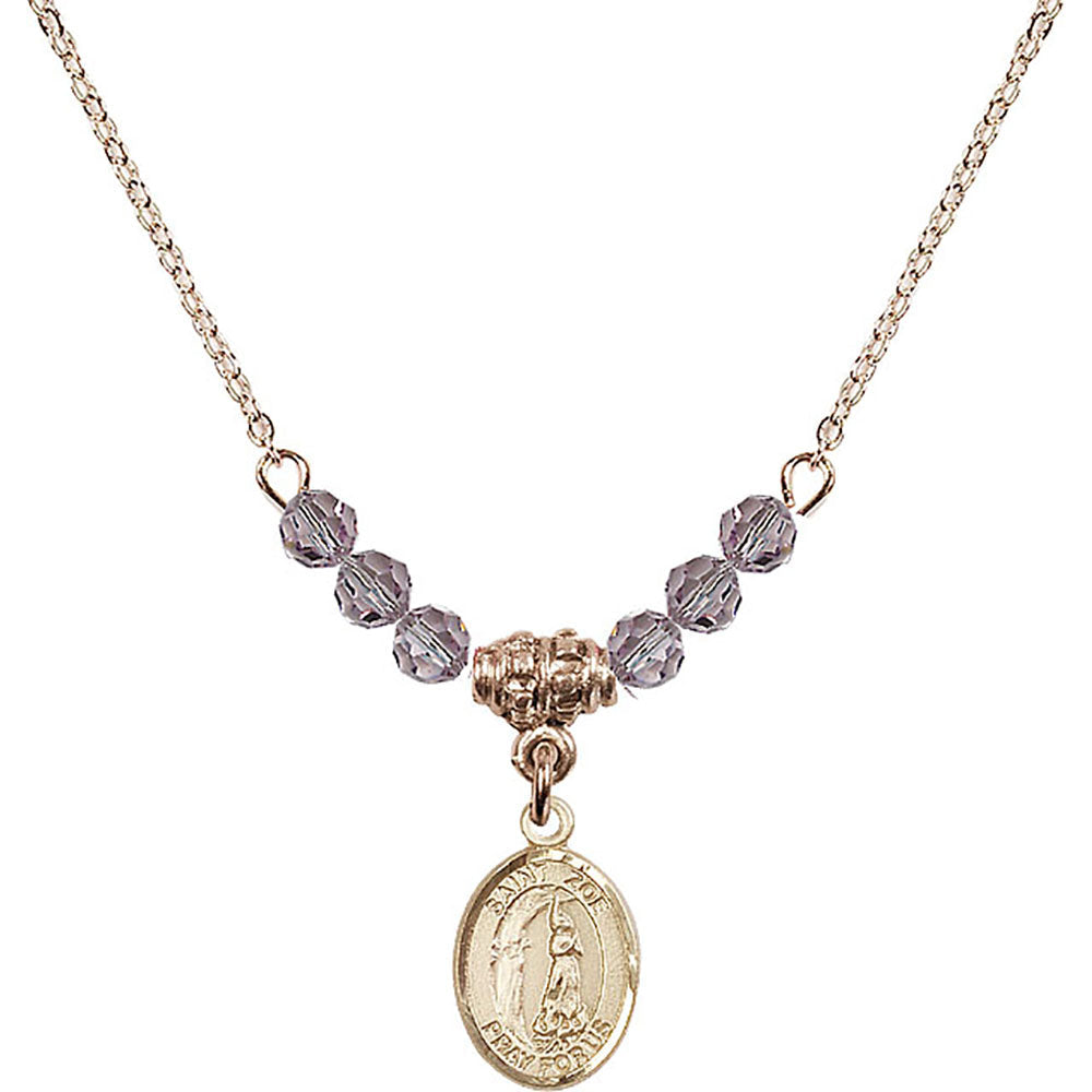 14kt Gold Filled Saint Zoe of Rome Birthstone Necklace with Light Amethyst Beads - 9314