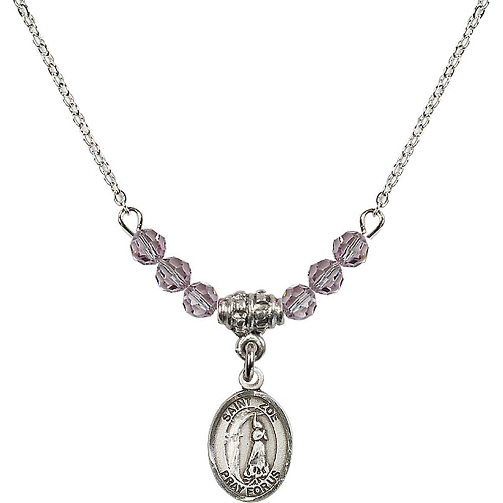 Sterling Silver Saint Zoe of Rome Birthstone Necklace with Light Amethyst Beads - 9314