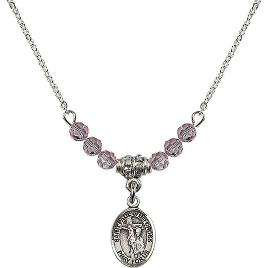 Sterling Silver Saint Paul of the Cross Birthstone Necklace with Light Amethyst Beads - 9318