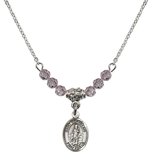 Sterling Silver Saint Cornelius Birthstone Necklace with Light Amethyst Beads - 9325