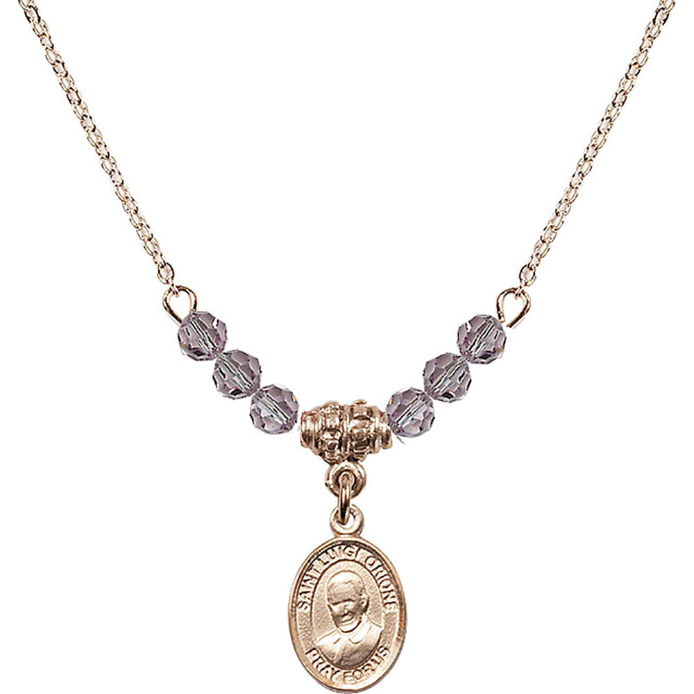 14kt Gold Filled Saint Luigi Orione Birthstone Necklace with Light Amethyst Beads - 9326