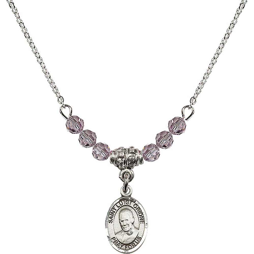 Sterling Silver Saint Luigi Orione Birthstone Necklace with Light Amethyst Beads - 9326