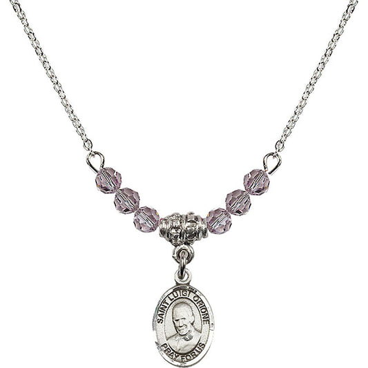 Sterling Silver Saint Luigi Orione Birthstone Necklace with Light Amethyst Beads - 9326