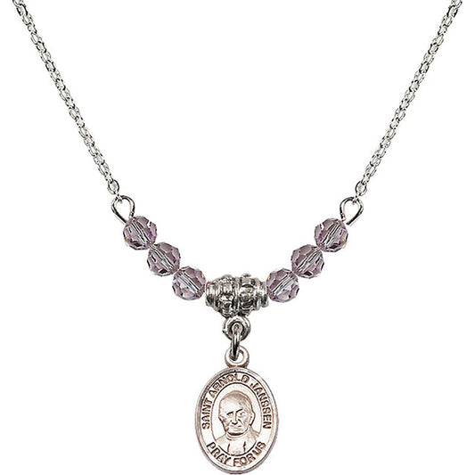 Sterling Silver Saint Arnold Janssen Birthstone Necklace with Light Amethyst Beads - 9328