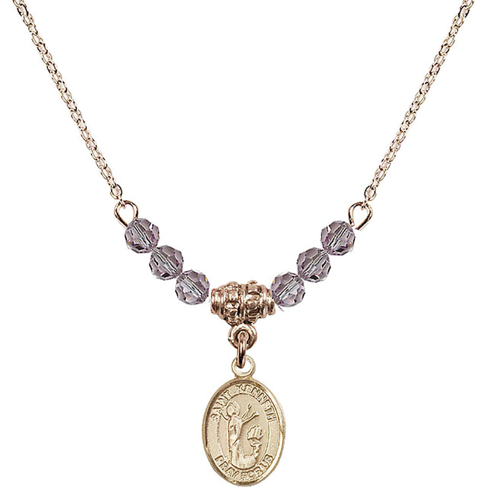 14kt Gold Filled Saint Kenneth Birthstone Necklace with Light Amethyst Beads - 9332