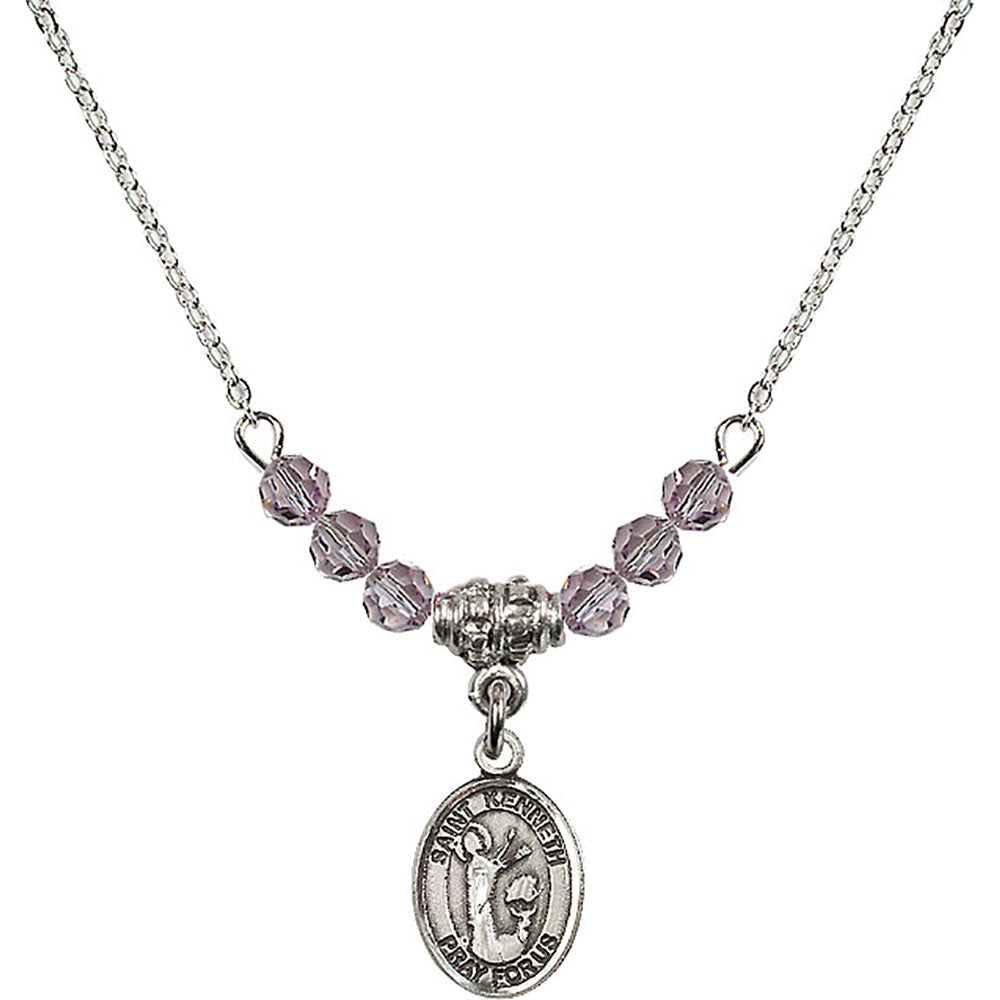 Sterling Silver Saint Kenneth Birthstone Necklace with Light Amethyst Beads - 9332