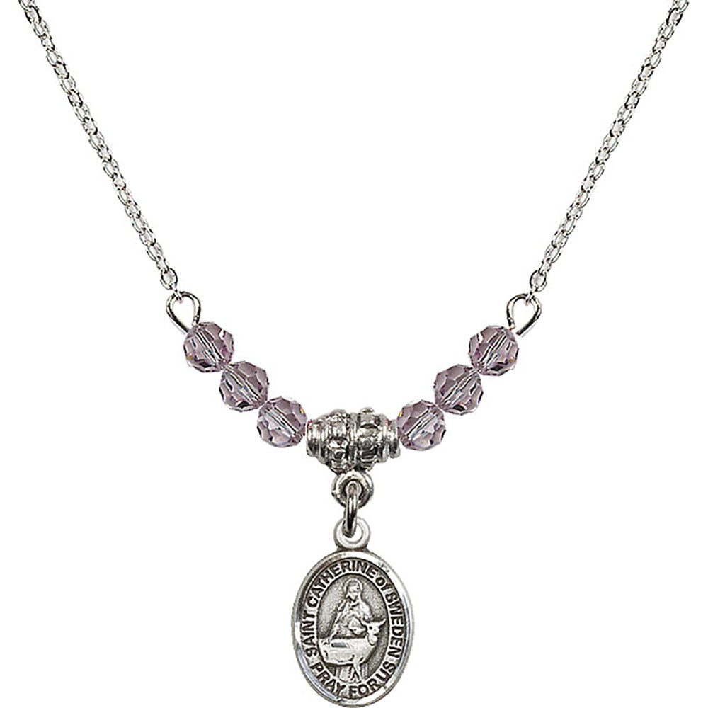 Sterling Silver Saint Catherine of Sweden Birthstone Necklace with Light Amethyst Beads - 9336