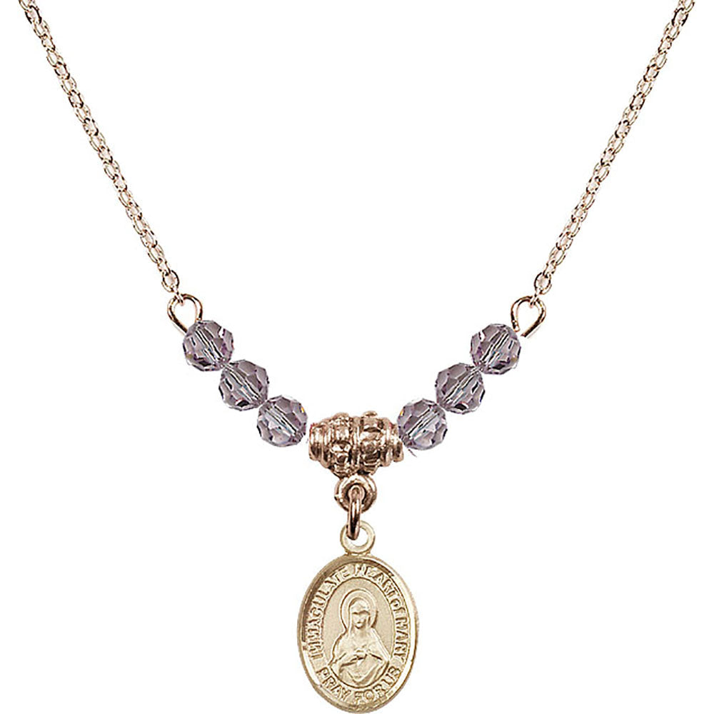 14kt Gold Filled Immaculate Heart of Mary Birthstone Necklace with Light Amethyst Beads - 9337