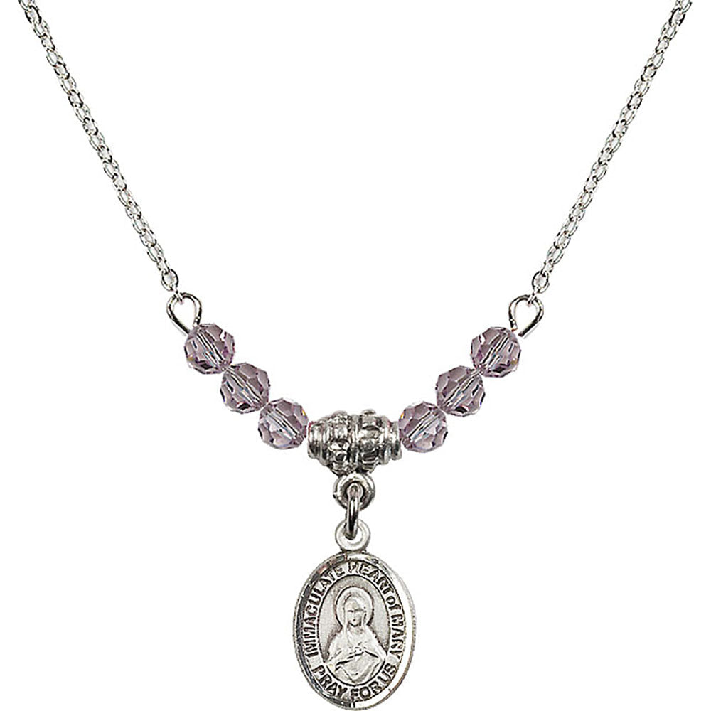 Sterling Silver Immaculate Heart of Mary Birthstone Necklace with Light Amethyst Beads - 9337