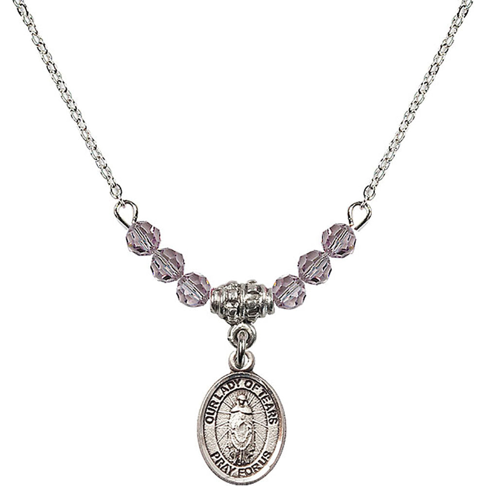 Sterling Silver Our Lady of Tears Birthstone Necklace with Light Amethyst Beads - 9346