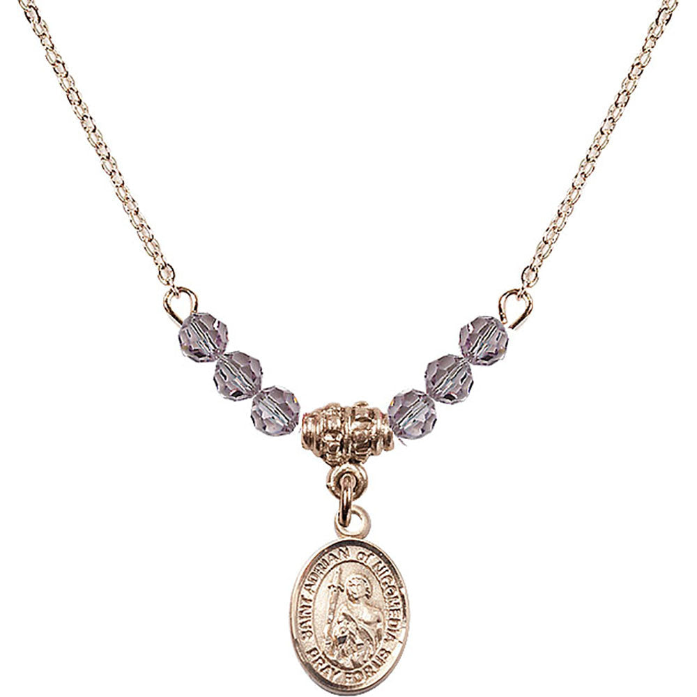 14kt Gold Filled Saint Adrian of Nicomedia Birthstone Necklace with Light Amethyst Beads - 9353