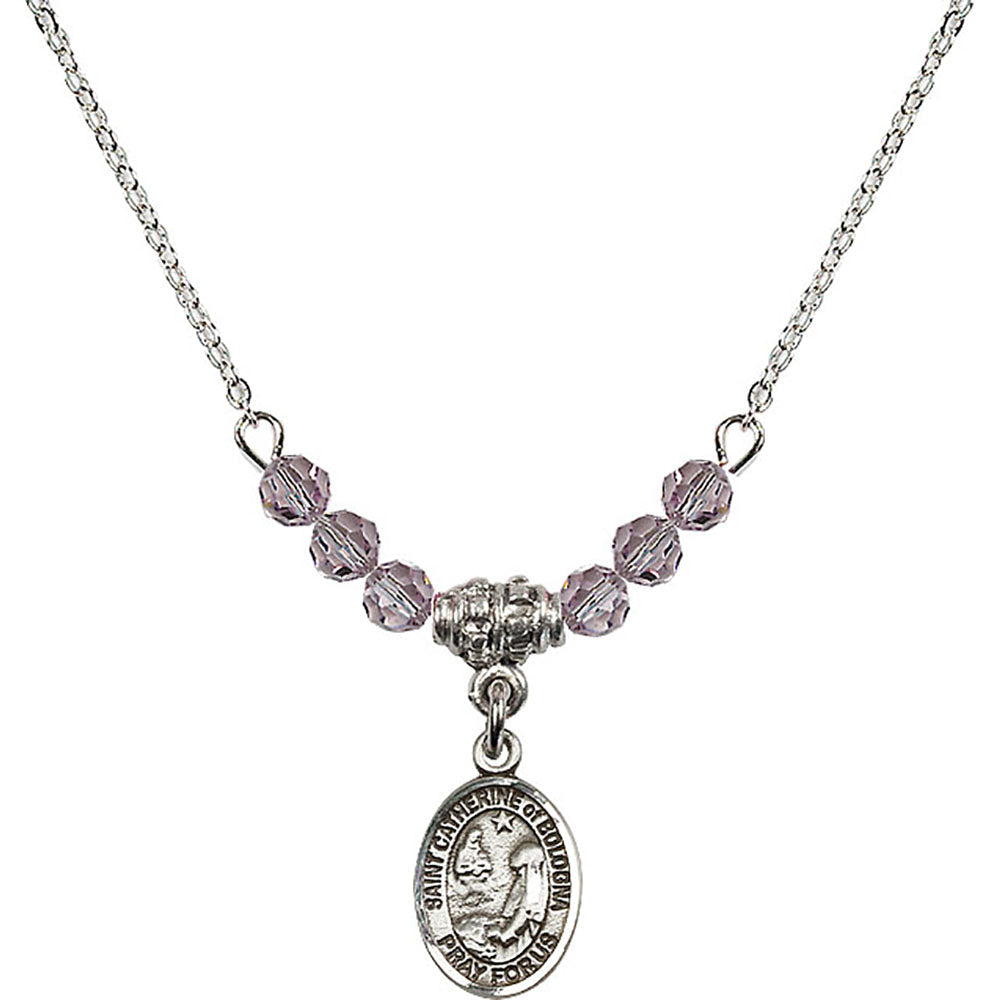 Sterling Silver Saint Catherine of Bologna Birthstone Necklace with Light Amethyst Beads - 9354