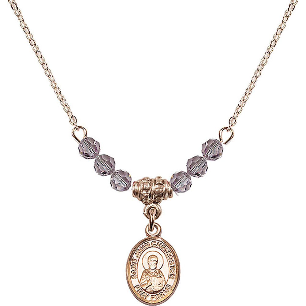 14kt Gold Filled Saint John Chrysostom Birthstone Necklace with Light Amethyst Beads - 9357