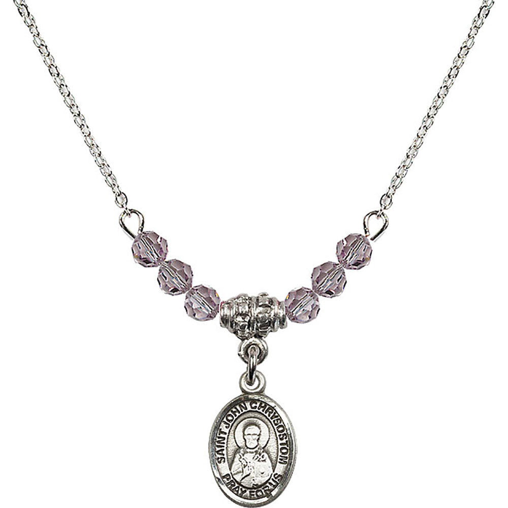 Sterling Silver Saint John Chrysostom Birthstone Necklace with Light Amethyst Beads - 9357