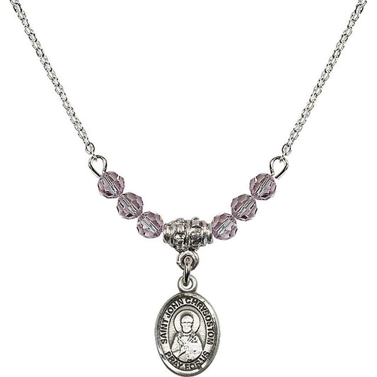 Sterling Silver Saint John Chrysostom Birthstone Necklace with Light Amethyst Beads - 9357