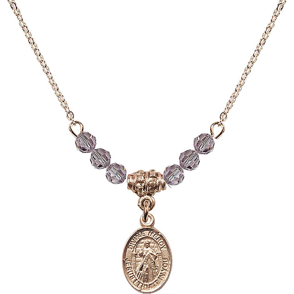 14kt Gold Filled Divine Mercy Birthstone Necklace with Light Amethyst Beads - 9366
