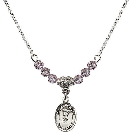 Sterling Silver Saint Philip Neri Birthstone Necklace with Light Amethyst Beads - 9369