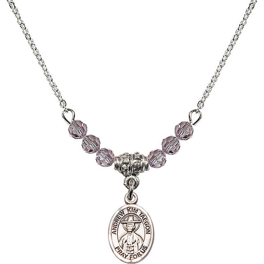 Sterling Silver Saint Andrew Kim Taegon Birthstone Necklace with Light Amethyst Beads - 9373