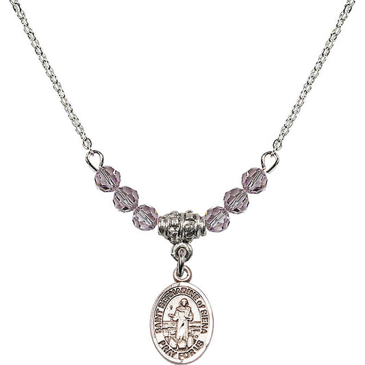 Sterling Silver Saint Bernadine of Sienna Birthstone Necklace with Light Amethyst Beads - 9387