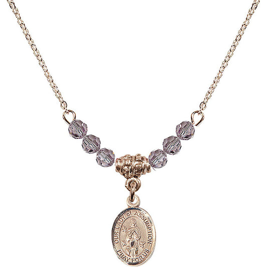 14kt Gold Filled Our Lady of Assumption Birthstone Necklace with Light Amethyst Beads - 9388