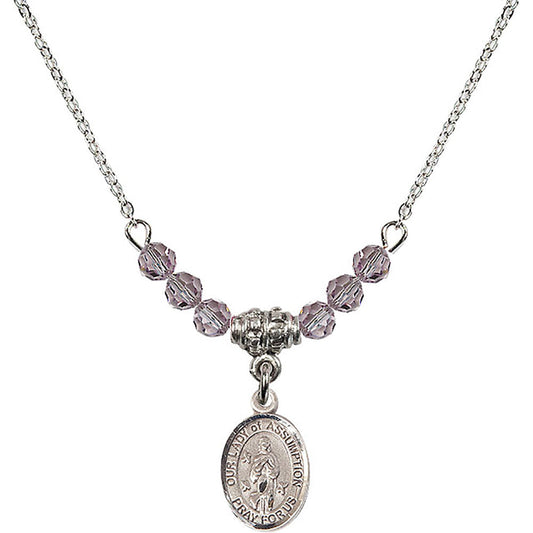 Sterling Silver Our Lady of Assumption Birthstone Necklace with Light Amethyst Beads - 9388