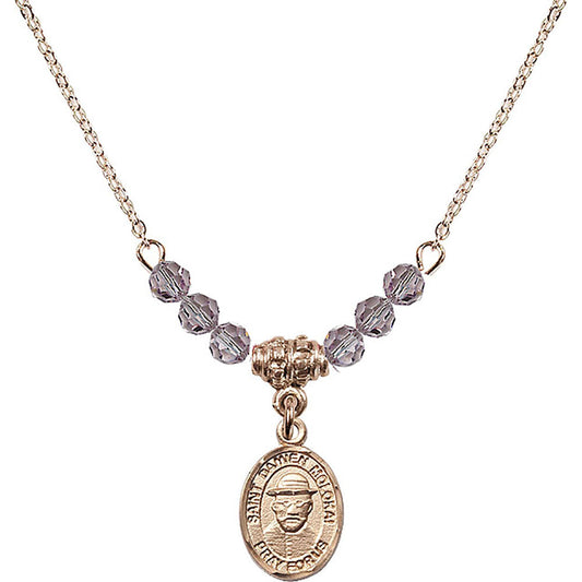 14kt Gold Filled Saint Damien of Molokai Birthstone Necklace with Light Amethyst Beads - 9412