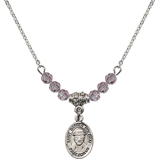 Sterling Silver Saint Damien of Molokai Birthstone Necklace with Light Amethyst Beads - 9412