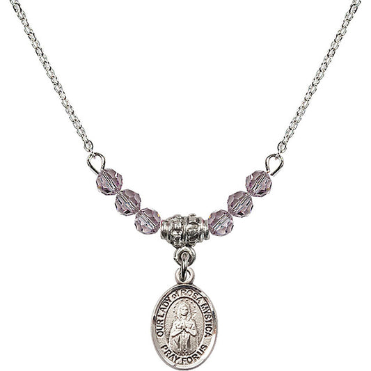 Sterling Silver Our Lady of Rosa Mystica Birthstone Necklace with Light Amethyst Beads - 9413