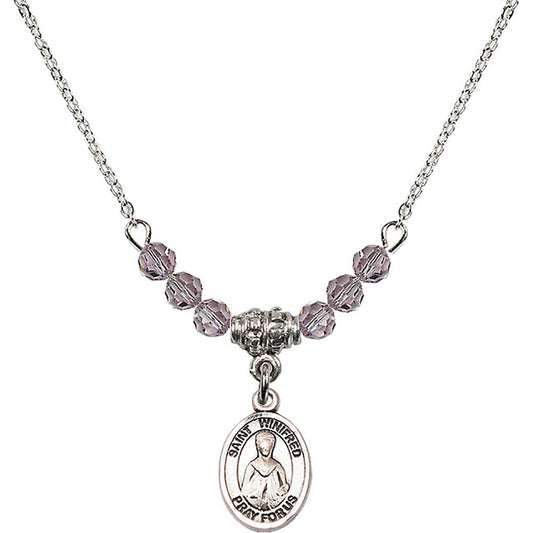 Sterling Silver Saint Winifred of Wales Birthstone Necklace with Light Amethyst Beads - 9419