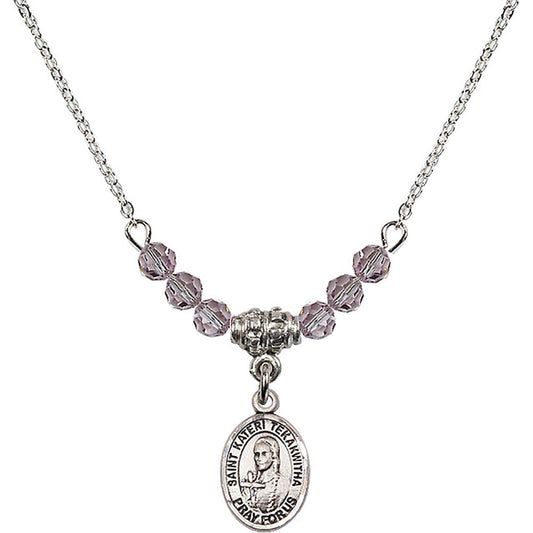 Sterling Silver Saint Kateri Tekakwitha Birthstone Necklace with Light Amethyst Beads - 9438