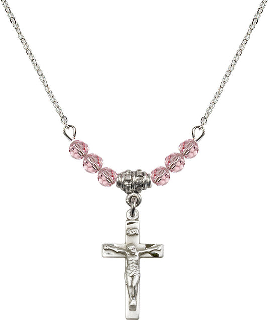 Sterling Silver Crucifix Birthstone Necklace with Light Rose Beads - 0001