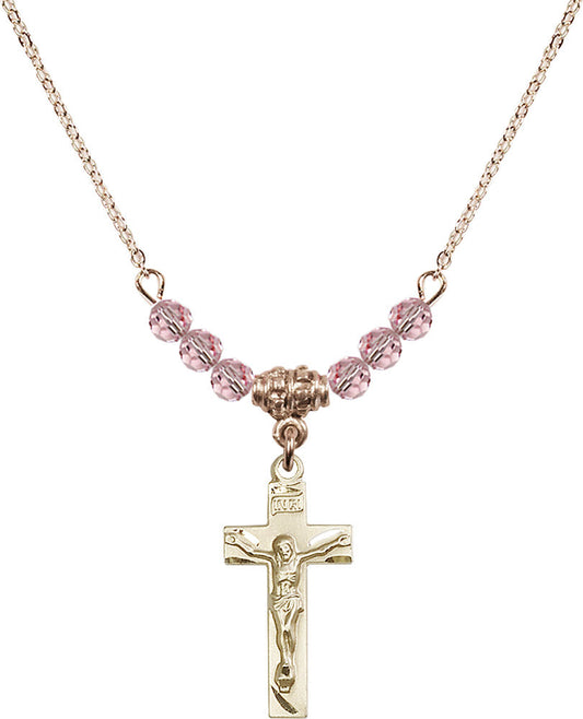 14kt Gold Filled Crucifix Birthstone Necklace with Light Rose Beads - 0006