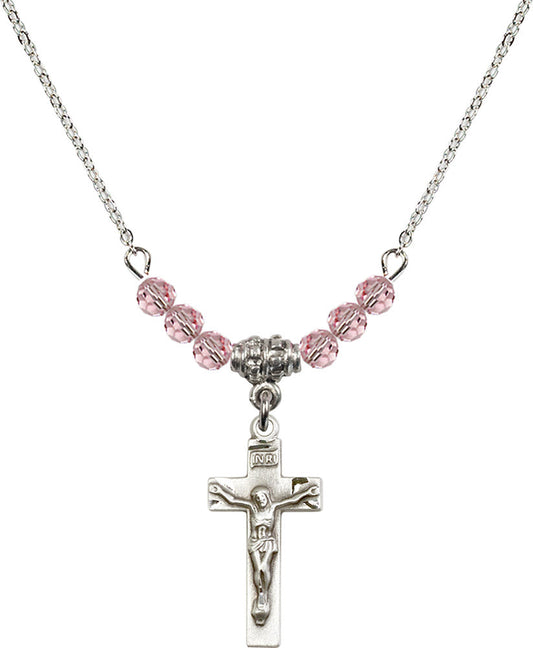 Sterling Silver Crucifix Birthstone Necklace with Light Rose Beads - 0006