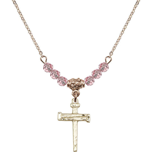 14kt Gold Filled Nail Cross Birthstone Necklace with Light Rose Beads - 0012